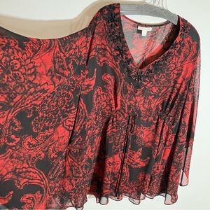 New Red with Black Beading Poncho Sleeve Top